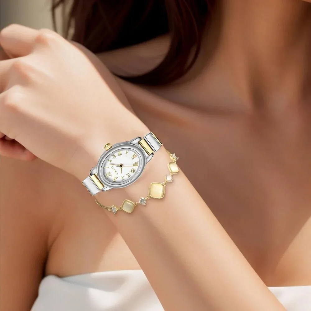 Women's Silver Gold Watch Stainless Steel Expansion Band Oval Case Roman Dial